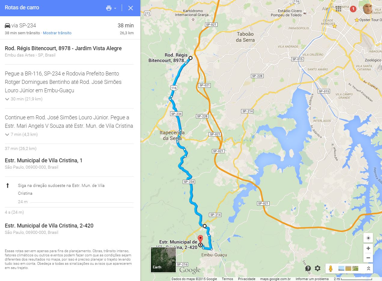 Mapa para Embu-Guaçu à partir do trevo do Rodoanel, via Itapecerica